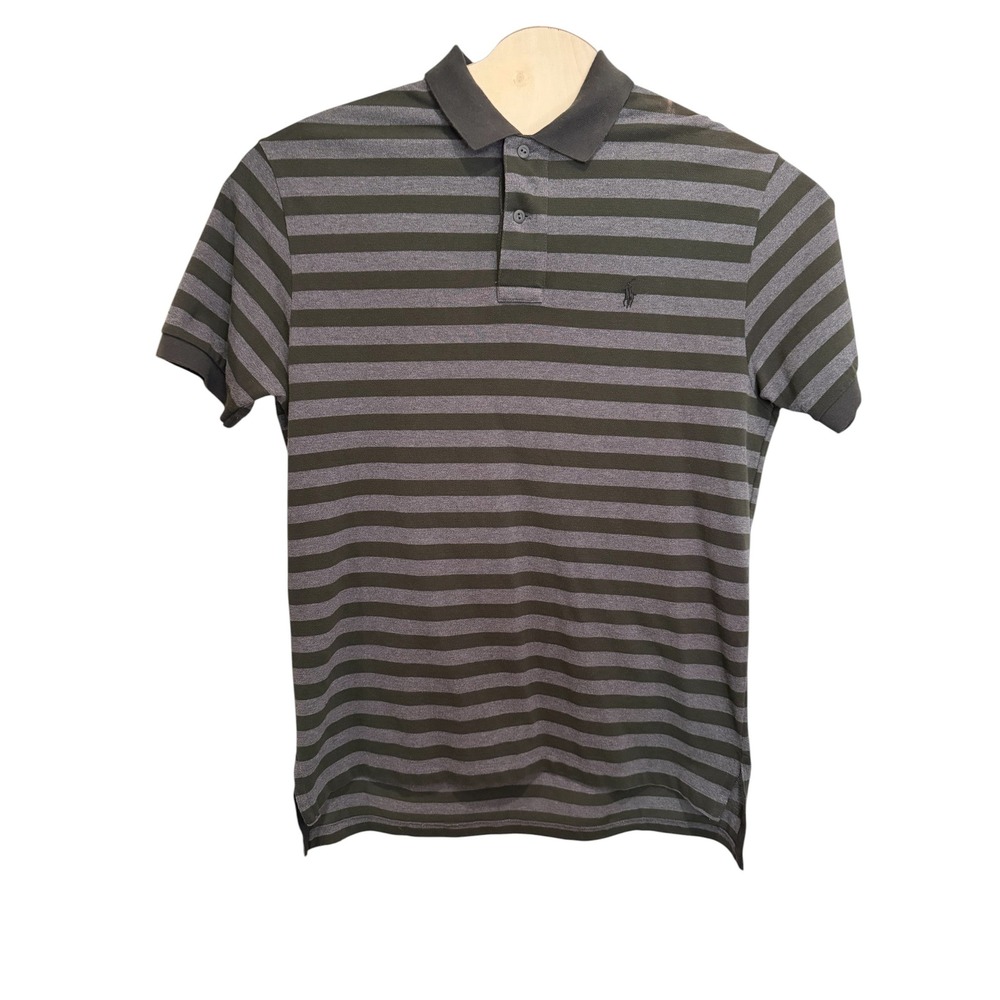 Polo Ralph Lauren Mens L Brown Gray Striped Short Sleeve Pique Cotton Polo Shirt